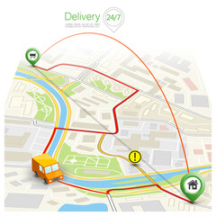 City map navigation delivery route, point markers delivery van, drawing schema itinerary delivery car, city plan GPS navigation, itinerary destination arrow city map Route delivery check point graphic