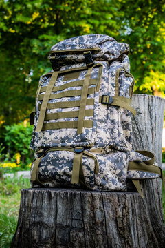 New camouflage backpack for hiking and traveling on old tree stump in summer forest, closeup