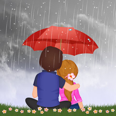 man and girl sitting on the grass looking the rain