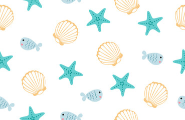 Seamless pattern with seashells and fish stock vector illustration