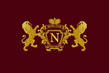 Lion Logo with N Letter in Royal Shield Vector Logo 