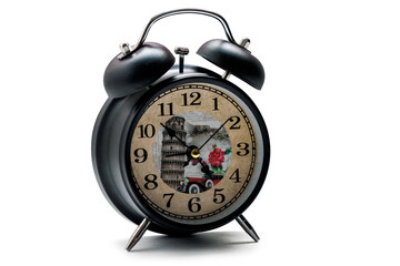 Classic black table clock isolated on a white background. Alarm clock show 4.53 Clock with copy...