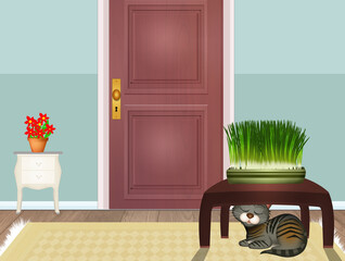 funny illustration of little cat at home