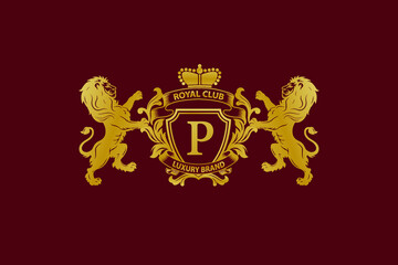 Lion Logo with P Letter in Royal Shield Vector Logo 