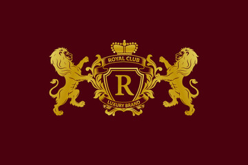 Lion Logo with R Letter in Royal Shield Vector Logo 