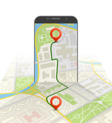 City map route navigation smartphone, phone point marker, road drawing schema, isometric city plan GPS navigation tablet, itinerary destination arrow paper city map. Route isometric check point