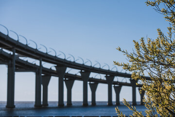 Russia, Saint Petersburg, may 30, 2020: Western high-speed diameter-main bridge over the Gulf of Finland