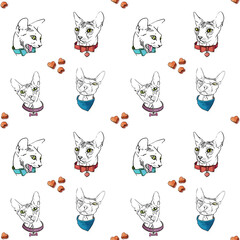 Fototapeta premium pattern drawing Sphinx cat's head in a butterfly collar on a white background isolate Wallpaper