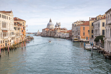 Fototapeta na wymiar Venice Veneto Italy on January 19, 2019: View of Grand Canal from Accademia bridge..