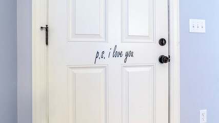 Naklejka premium Panorama frame White interior wooden door in a blue wall