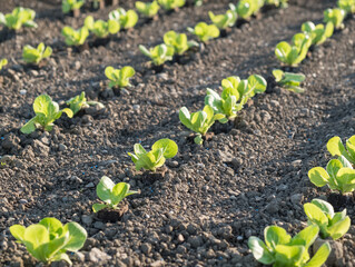 Rows of green lettuce seedlings on the field