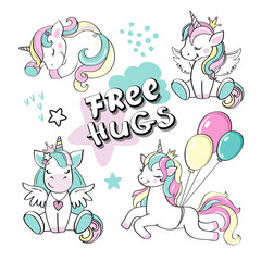 Collection of cute unicorns and the inscription free hugs on a white background for children
