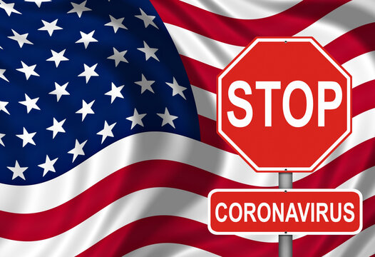 Coronavirus STOP red sign against USA flag fluttering. America is struggles with COVID-19 virus danger. 2019-nCoV World pandemic. Illustration without reference