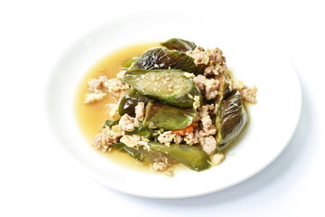 stir fried slice long green eggplant with chop pork and egg on plate