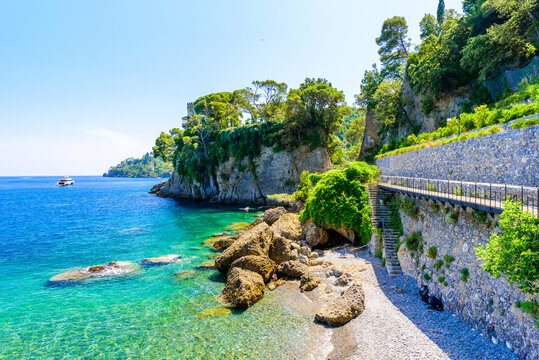 Bay of Paraggi in Santa Margherita Ligure with paradise white beach, close to Portofino. Mediterranean sea of Italy.