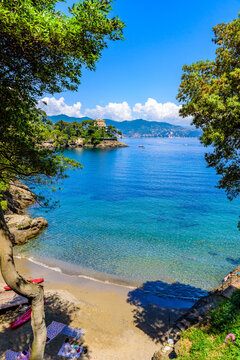 Bay of Paraggi in Santa Margherita Ligure with paradise white beach, close to Portofino. Mediterranean sea of Italy.