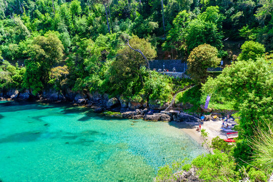 Bay of Paraggi in Santa Margherita Ligure with paradise white beach, close to Portofino. Mediterranean sea of Italy.