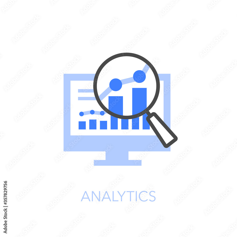 Leinwandbilder Analytics symbol with a computer screen, a magnifier and data chart. Easy to use for your website or presentation.