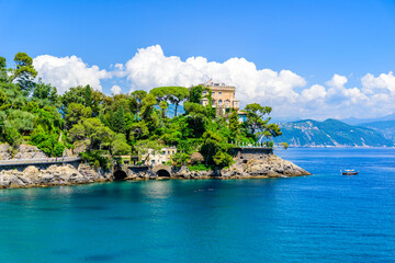 Bay of Paraggi in Santa Margherita Ligure with paradise white beach, close to Portofino. Mediterranean sea of Italy.