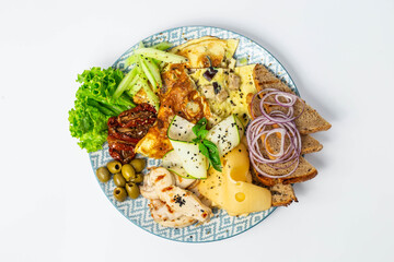 Tasty breakfast egg vegetables morning dish food photo white background  bread onion meal lunch 