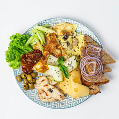 Tasty breakfast egg vegetables morning dish food photo white background  bread onion meal lunch 