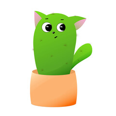 Cactus cat in a pot, cute and shy. On white background. In cartoon style . Doodle illustration.