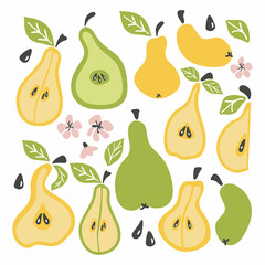 pear set. Fruit whole chopped half quarter cut slices pear leaves. cartoon doodle collection. Hand drawn vector illustration
