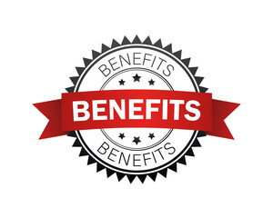 Benefits label. Benefits black-red stamp with band. Vector illustration.