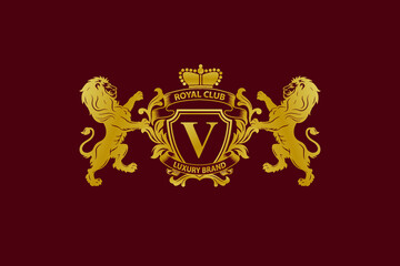 Lion Logo with V Letter in Royal Shield Vector Logo 