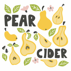 pear set. Pear whole chopped half quarter cut slices pear leaves. cartoon doodle collection. Hand drawn vector illustration