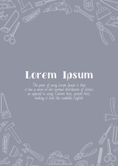 Work tool - vertical card with text and vector outline illustrations of hammer, wrench, screwdriver, pliers, spanner, drill, axe and knife for graphic design