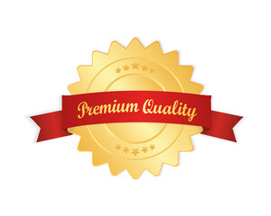 Premium quality 3d gold badge with red ribbon sign, label isolated on white background.