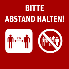 Social Distance or Physical Distance pictogram message in German Language isolated on red background. The Non-English Text Translates to 