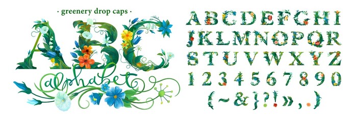 ABC. Floral alphabet, Botanical digital illustration. A complete set of isolated letters of leaves and flowers.