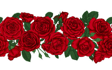 Vector horizontal seamless background with red roses, buds and leaves. design element for greeting card and invitation of the wedding, birthday, Valentine s Day, mother s day and other holiday