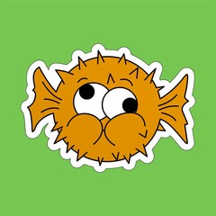 Stickers of Orange Puffer Fish Cartoon, Cute Funny Character, Flat Design