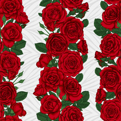Vector seamless background with red roses, buds and leaves. design element for greeting card and invitation of the wedding, birthday, Valentine s Day, mother s day and other holiday
