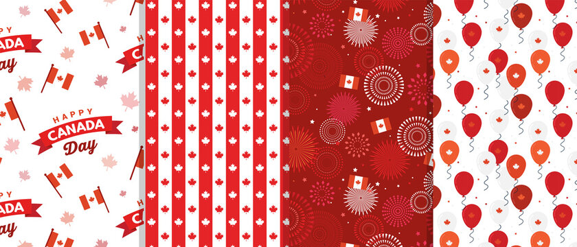 Canada day celebration. Canada Independence Day. 1st of July. Happy Canada Day greeting card. Celebration background with fireworks, flags and text. Vector illustration
