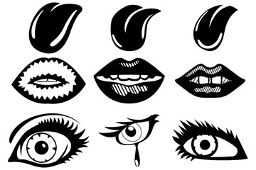 A set of nine drawn elements, tongues, lips, and eyes. Set for various applications brochures, posters, design, etc.