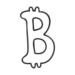 A Doodle-style bitcoin symbol. Cryptocurrency. Hand drawn and isolated on a white background. Black and white vector illustration