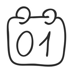 The first day of the Doodle-style calendar. The date on the calendar, the first number, the symbol of the beginning . The icon is hand-drawn and isolated on a white background. Black and white vector