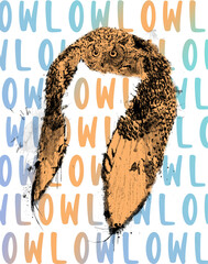 Flying Owl Digital Illustration, Animal Print for T-shirt or Papers.