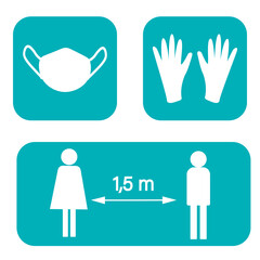 Icon social rules Distance, Mask, Gloves. Actual concept during the period of viral infection and corona virus. Vector illustration on a white background Flat