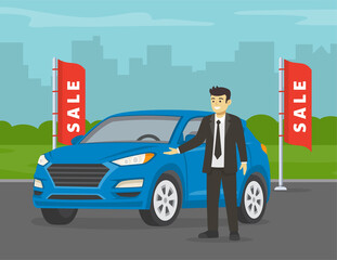 Smiling company manager welcoming customers. Suv car sale. Flat vector illustration.
