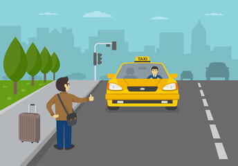Young tourist man with luggage calling taxicab. Catching on the city street. Flat vector illustration.