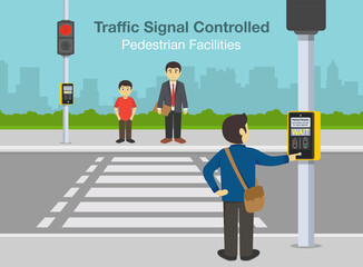 How to cross the street. Traffic signal controlled pedestrian facilities. Flat vector illustration of traffic light button. 