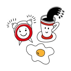 Morning set. Cup of coffee, alarm clock and fried eggs.