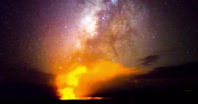 Lockdown time lapse shot of burning fire at Jaggar Museum against galaxy in dark - Big Island, Hawaii