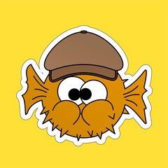 Stickers of Orange Puffer Fish Wear Hat Cartoon, Cute Funny Character, Flat Design