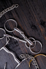  various bits  with mouthbridle on black wooden  background. flat lay
